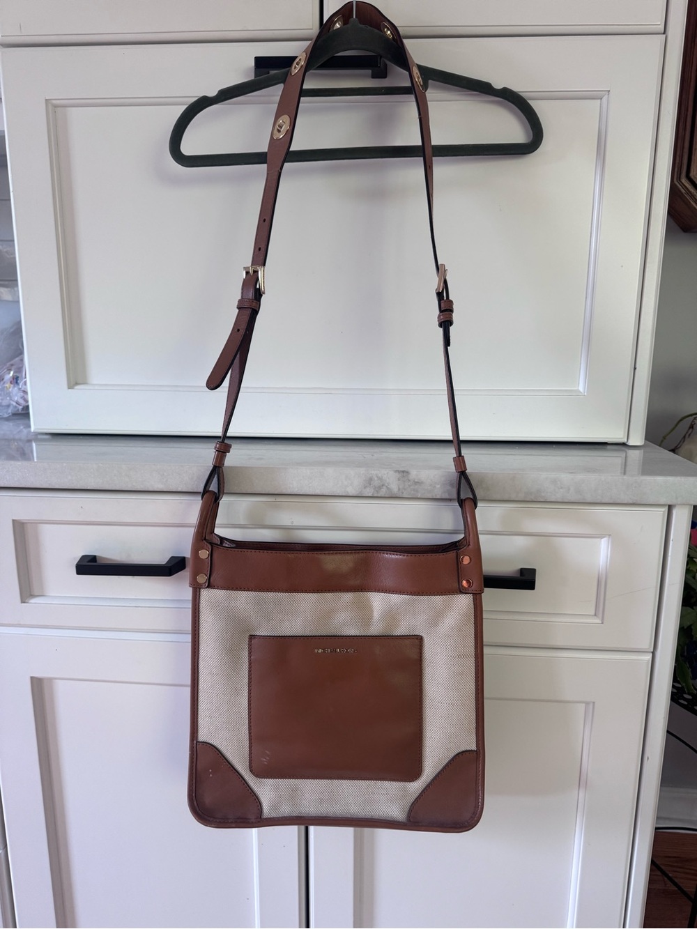 Michael Kors Brown Leather-Trim Cream Canvas Crossbody